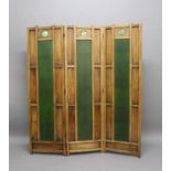 ARTS & CRAFTS OAK SCREEN a 3 fold screen with leatherette panels, inset with 3 glass roundels