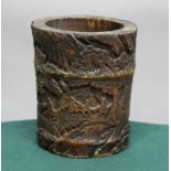 CHINESE BAMBOO BRUSH POT, BITONG, carved with figures on a mountain path surrounded by trees, height