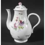 BRISTOL PORCELAIN HOT WATER OR COFFEE POT AND COVER, circa 1770-80, of baluster form painted with