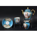 SEVRES STYLE BREAKFAST SET, mid 19th century, painted with portraits on a bleu celeste ground,