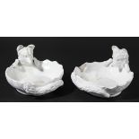 PAIR OF ENGLISH PORCELAIN DISHES, modelled as a fox head peering into a bowl, its brush opposite,