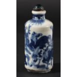 CHINESE KANGXI STYLE BLUE AND WHITE SNUFF BOTTLE, of cylindrical form, painted with the eight horses