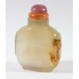 CHINESE AGATE SNUFF BOTTLE, carved with mask head 'handles', pink tourmaline stopper, height 7cm