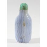 CHINESE STRIATED BLUE AGATE SNUFF BOTTLE, with a matrix turquoise stopper, height 7.8cm