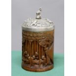 CHINESE BAMBOO BRUSH POT AND WHITE METAL COVER, bitong, late 19th century, the pot carved with