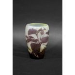 GALLE CAMEO VASE a glass cameo vase, with purple coloured foliage on a frosted and yellow ground.