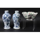 TWO CHINESE BLUE AND WHITE VASES, Kangxi mark but later, of inverted baluster form, painted with