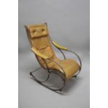 ANTIQUE WINFIELD TYPE ROCKING CHAIR a metal framed rocking chair with a slatted wooden barrel shaped