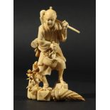 JAPANESE IVORY OKIMONO, Meiji, carved as a farmer with a mattock and basket of produce, height 12cm