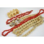 A TWO ROW CORAL NECKLACE 34cm long, together with a single row coral necklace, 38cm long and
