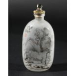 CHINESE INTERNALLY PAINTED GLASS SNUFF BOTTLE, painted with a mountain scene interspersed with