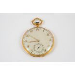 AN 18CT GOLD OPEN FACED POCKET WATCH the mother of pearl dial with Arabic numerals and subsidiary