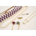A QUANTITY OF JEWELLERY including a single row uniform cultured pearl necklace, an amethyst and