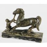 CHINESE SPECKLED GREY GREEN NEPHRITE HORSE AND HANDLER, on a low table base, length 20.5cm