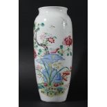 CHINESE FAMILLE ROSE VASE, probably 19th century, of slender ovoid form, enamelled with birds