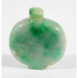 CHINESE JADEITE SNUFF BOTTLE AND STOPPER, of circular form, mottled green and white, height 6cm