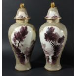PAIR OF ROYAL WORCESTER VASES AND COVERS, circa 1910, signed Sedgley, painted in puce with river