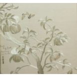 SET OF FOUR CHINESE SILK PANELS, worked in pale colours on a cream silk ground, depicting a parrot