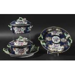 PAIR OF WORCESTER SAUCE TUREENS, COVERS AND STANDS, circa 1770, painted with cartouches of flowers