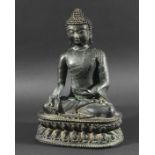 THAI BRONZE BUDDHA, seated in meditation on a lotus base, possible remains of gilding, height 29cm