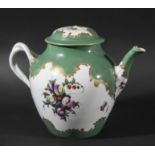 WORCESTER TEAPOT AND COVER, circa 1760-70, painted with fruit and flowers between apple green rims