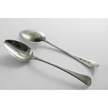 A RARE PAIR OF GEORGE III OLD ENGLISH PATTERN TABLE SPOONS initialled "WEM" (script), by Peter &