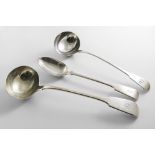A WILLIAM IV SILVER FIDDLE PATTERN SOUP LADLE initialled, by William Eaton, London 1833, another