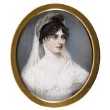 A GEORGE III MINIATURE PORTRAIT OF A LADY wearing white dress and a veil, on ivory, c.1810; 7 x 5.75