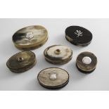 THREE LATE VICTORIAN / EDWARDIAN ABERDEEN MOUNTED HORN SNUFF BOXES one with a circular cartouche and