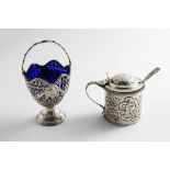 A GEORGE III SWING-HANDLED SUGAR BASKET with pierced and embossed decoration, a wavy beaded rim