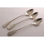 A PAIR OF WILLIAM IV SCOTTISH SILVER FIDDLE PATTERN BASTING SPOONS initialled "S", by Robert