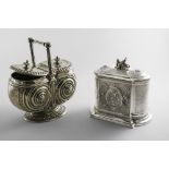 A VICTORIAN ELECTROPLATED BISCUIT BOX in the form of an ornate casket with sphynx finial with