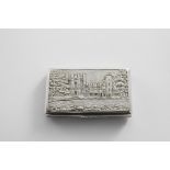 AN EARLY VICTORIAN SILVER "CASTLE TOP" SNUFF BOX with a view of Newstead Abbey in low relief on