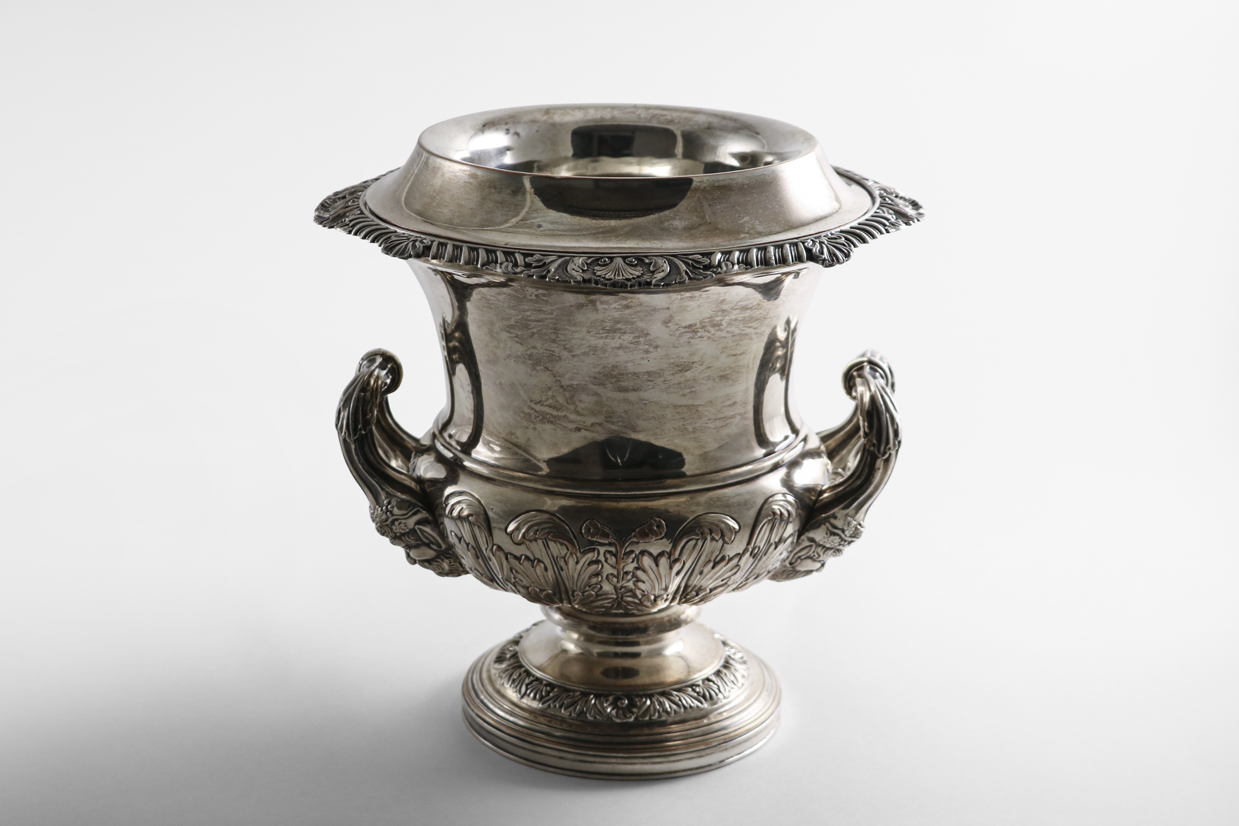 A PAIR OF LATE MIDDLE PERIOD OLD SHEFFIELD PLATED WINE COOLERS of campana form with embossed - Image 2 of 2