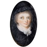 FRENCH SCHOOL c.1800 Miniature portrait of a young lady wearing black bonnet and dress; 3 x 1.75