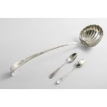 A GEORGE II IRISH HOOK-END SOUP LADLE with a fluted circular bowl and a chased upper stem,