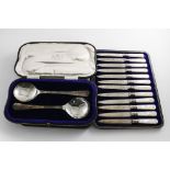 A CASED PAIR OF PLAIN FRUIT SERVING SPOONS by E.A. Jacob, London 1913 and a cased set of twelve