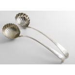 A GEORGE III IRISH HOOK-END SOUP LADLE with a fluted circular bowl & a chased upper stem, crested by