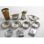 A MIXED LOT:- A Victorian mounted horn beaker, initialled, four bonbon dishes, a pin dish, a small