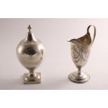 A GEORGE III SILVER SUGAR VASE with an oviform body, square pedestal foot and bead borders, crested,