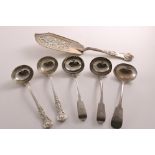 A PAIR OF GEORGE III SILVER FIDDLE PATTERN SAUCE LADLES crested, by Thomas Barker, London 1811, an