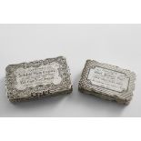 A VICTORIAN SILVER ENGRAVED SNUFF BOX of shaped rectangular outline, inscribed on the cover "