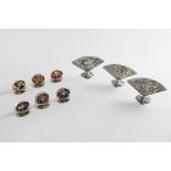 MENU CARD HOLDERS:- A set of five oval, mounted tortoiseshell examples with inlaid decoration,