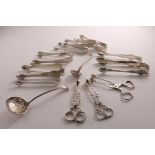 THREE VARIOUS PAIRS OF GEORGE III SILVER SUGAR NIPS (two with initials), ten various pairs of silver