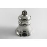 A VICTORIAN ELECTROPLATED NOVELTY BISCUIT BOX in the form of a bell with two scrollwork friezes &