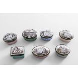 A SMALL COLLECTION OF SEVEN LATE 18TH / EARLY 19TH CENTURY ENAMELLED COPPER BOXES, each with a