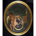 AN UNUSUAL SILHOUETTE PORTRAIT OF A LADY set in a painted surround with weeping putto beside a