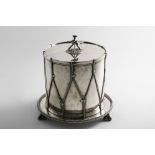 A VICTORIAN ELECTROPLATED NOVELTY BISCUIT BOX in the form of a drum with corded wire tensioners &