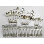 A QUANTITY OF ASSORTED FIDDLE PATTERN:- Six table spoons, nine table forks, seventeen dessert forks,