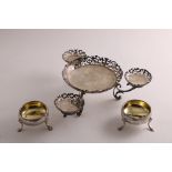 A SMALL EDWARDIAN SILVER EPERGNE on three scroll supports with a central pierced dish and three